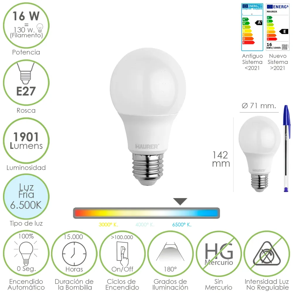 Lâmpada LED E27 padrão. 16 watts. Equivalente 130 watts. 1901 lúmens. Luz fria de 6500K.