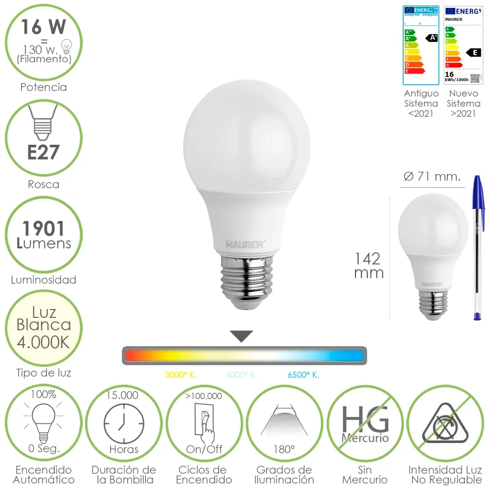 Lâmpada LED E27 padrão. 16 watts. Equivalente 130 watts. 1901 lúmens. Luz branca de 4000K.