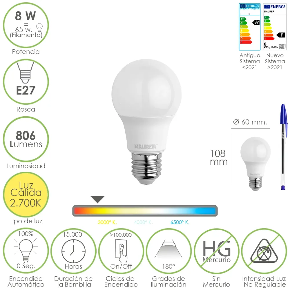Lâmpada LED E27 padrão. 8 watts. Equivalente 65 watts. 806 lúmens. Luz quente (2700 K).