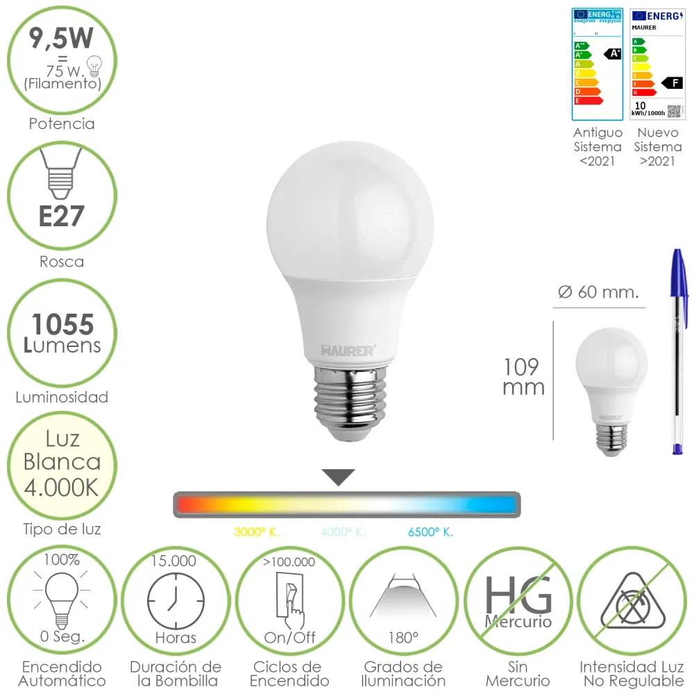 Lâmpada LED E27 padrão. 9,5 watts. Equivalente 75 watts. 1055 lúmens. Luz neutra (4000 K).