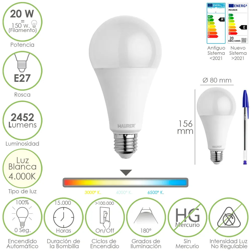 Lâmpada LED E27 padrão. 20 watts. Equivalente 150 watts. 2452 lúmens. Luz neutra (4000 K).