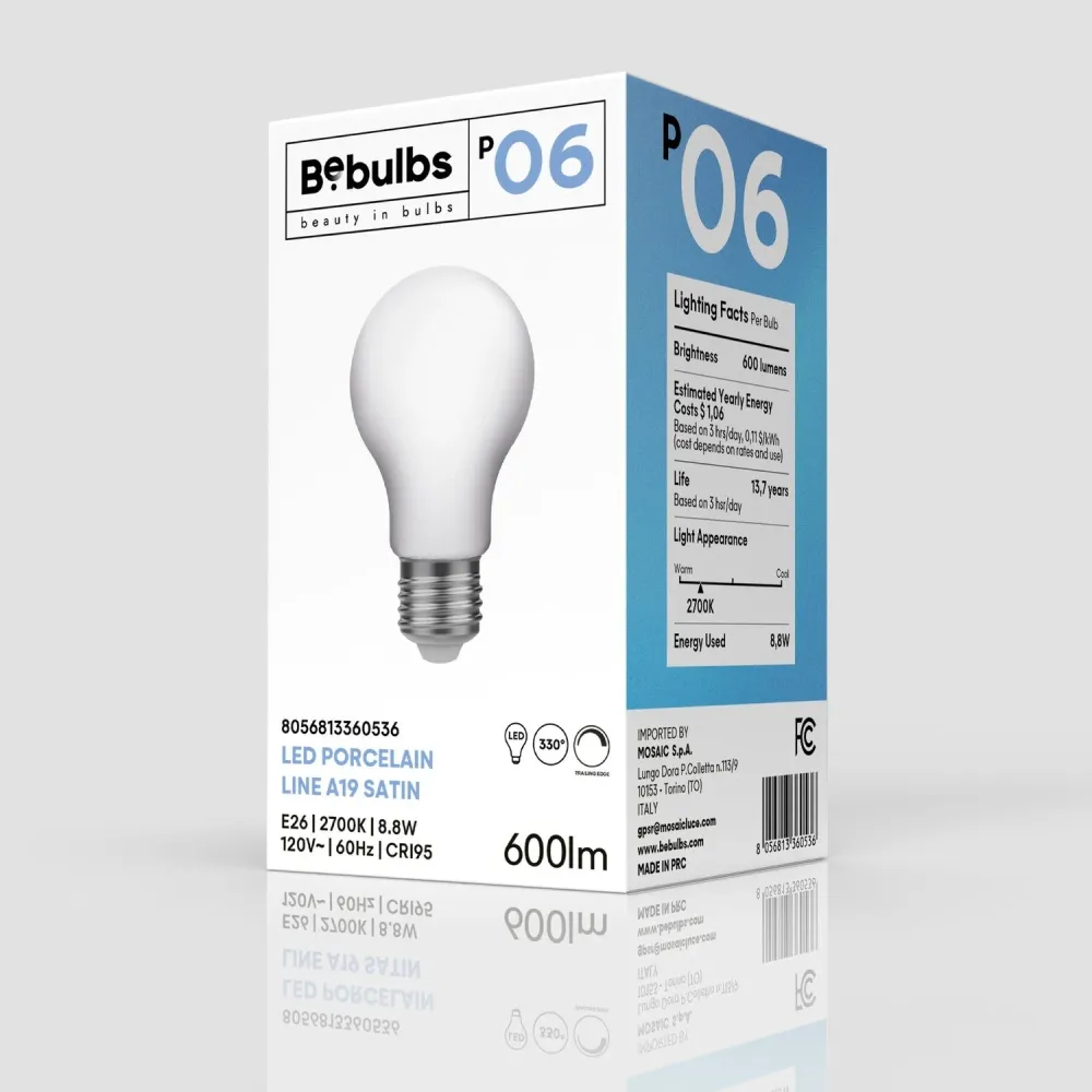 Lâmpada LED efeito porcelana CRI 95 A19 8,8W 600 lm E26 120V 2700K dimerizável - P06