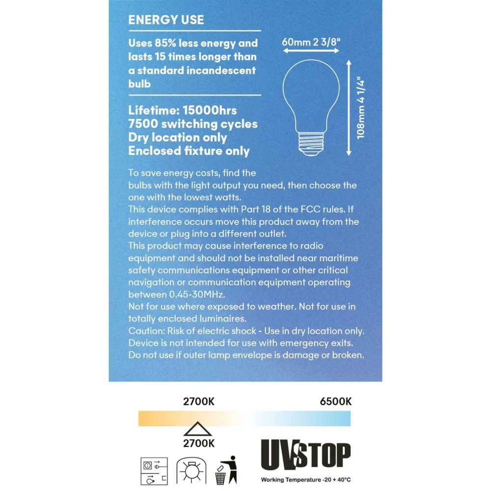 Lâmpada LED efeito porcelana CRI 95 A19 8,8W 600 lm E26 120V 2700K dimerizável - P06