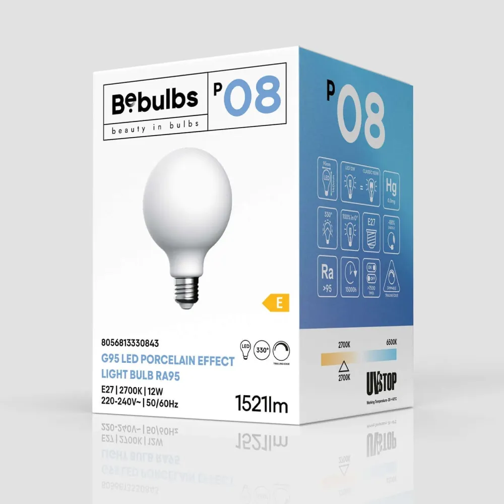 Lâmpada LED Efeito Porcelana CRI 95 G95 12W 1521Lm E27 2700K Regulável - P08