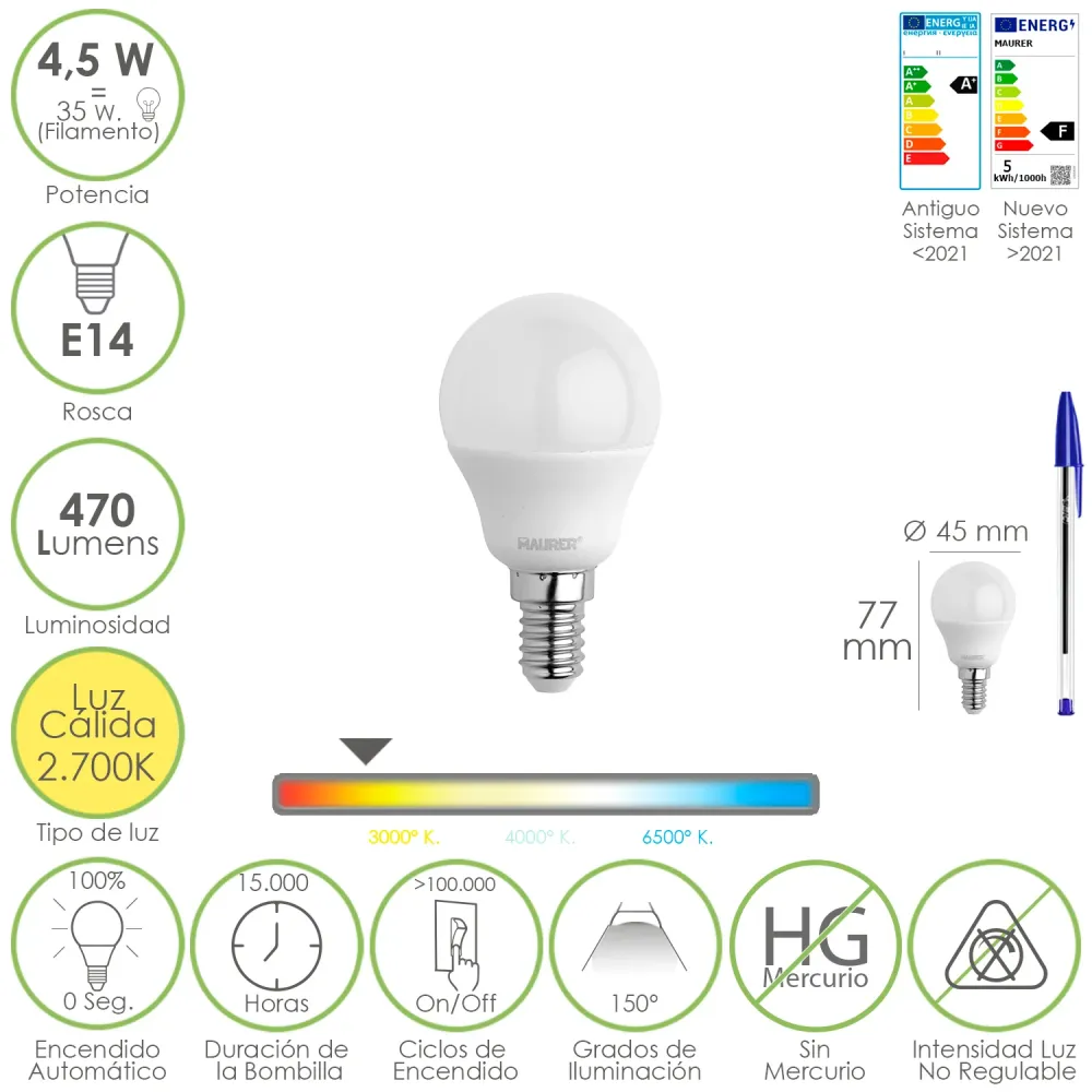 Lâmpada LED esférica E14 de 4,5 Watts. Equivalente 35 Watts. 470 lúmens. Luz quente (00° K).
