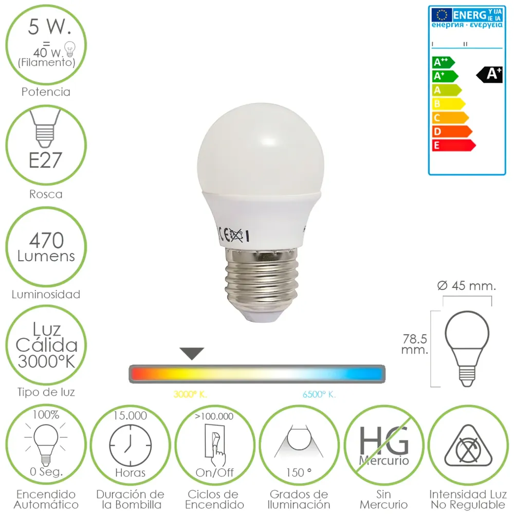 Lâmpada LED esférica E27 de 5 W 40 W. 470 lúmens. Luz quente (3.000 °K).