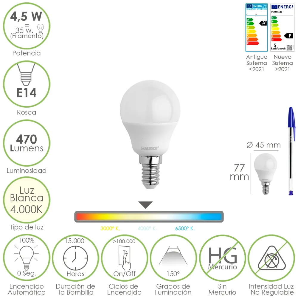Lâmpada LED Esférica Rosca E14 4,5 Watts. Equivalente 35 Watts. 470 Lúmens. Luz Neutra (4000º K)