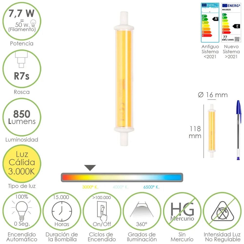 Lâmpada LED R7S para holofotes de engate. 7,7 Watts. Equivalente 50 Watts. 850 lúmens. Luz quente (3000 K).