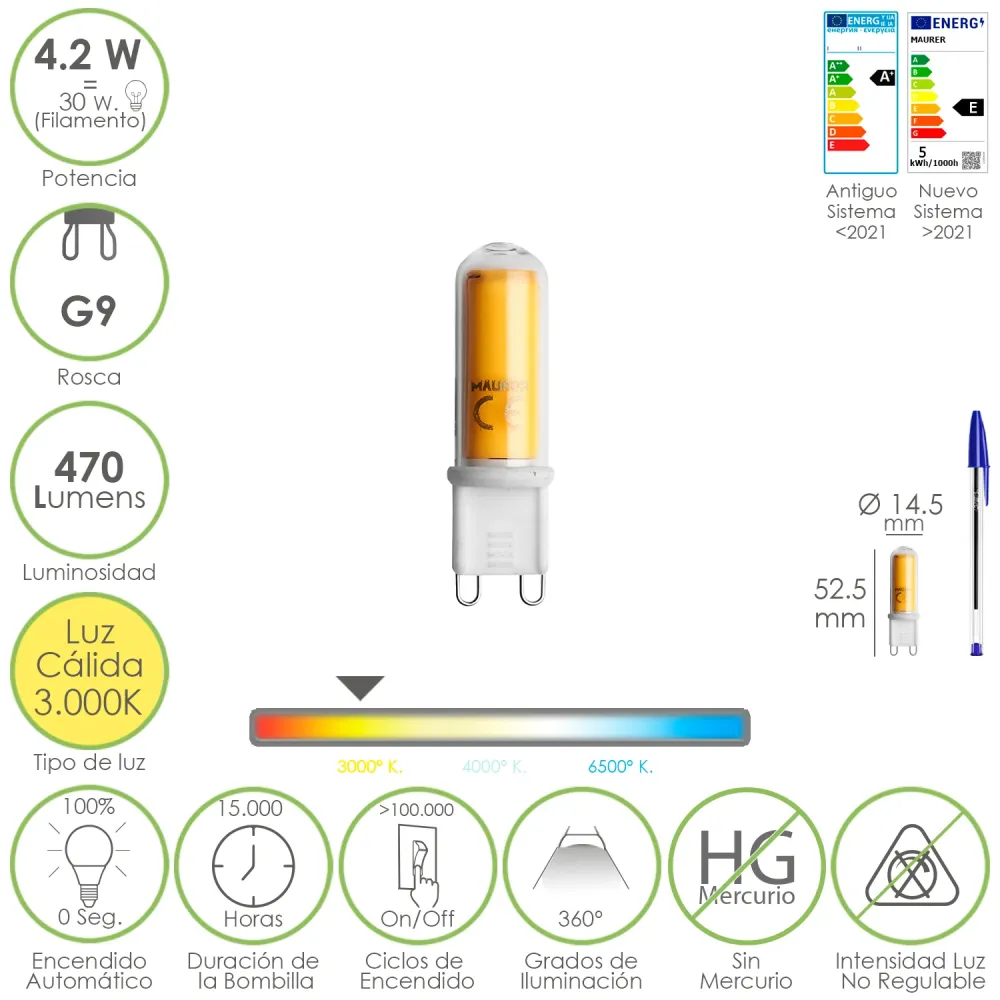 Lâmpada LED de rosca G9. 4,2 watts. Equivalente 15 watts. 470 lúmens. Luz quente (3000 K).