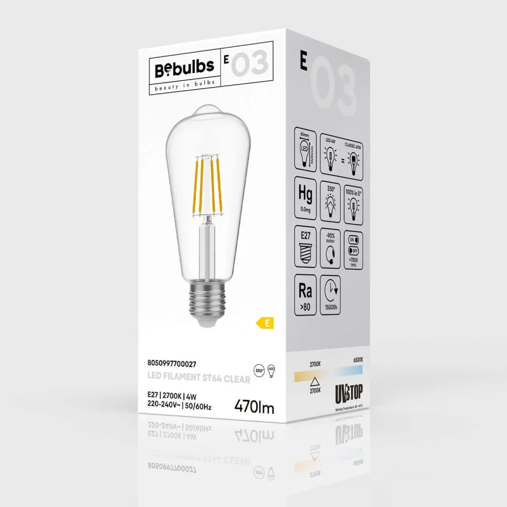 Lâmpada LED Transparente Edison ST64 4W 470Lm E27 2700K - E03