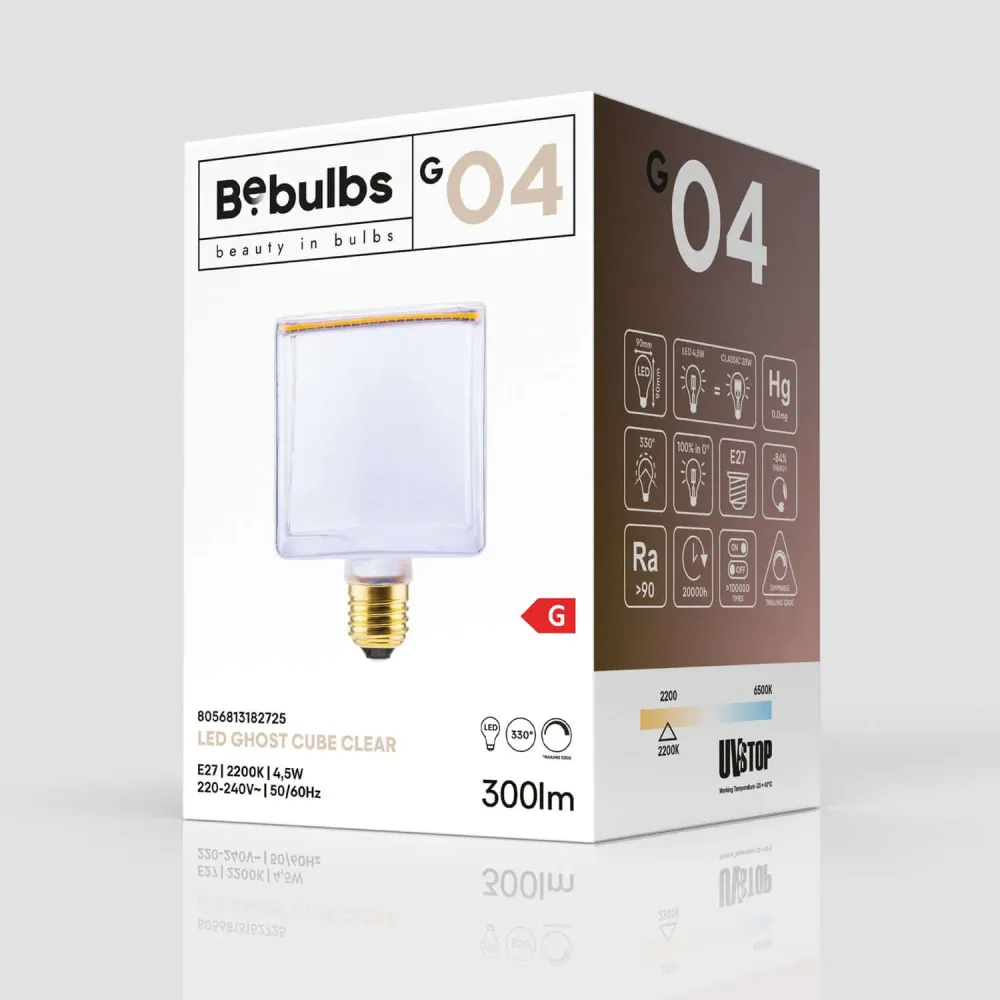 Lâmpada LED Transparente Ghost Line CRI 90 Cubetto 4,5W 300Lm E27 2200K Regulável - G04