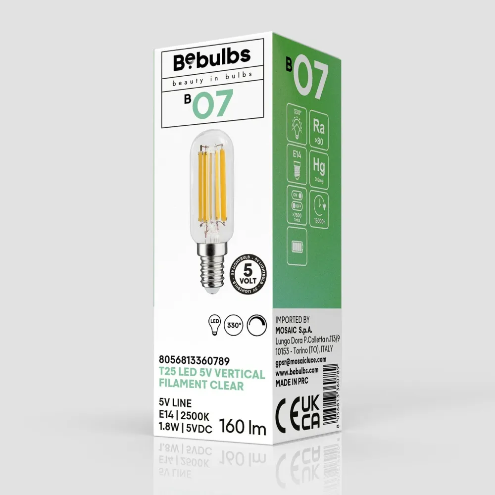 Lâmpada LED Transparente Linea 5V Tubular T25 1,8W 160Lm E14 2500K Dimerizável - B07