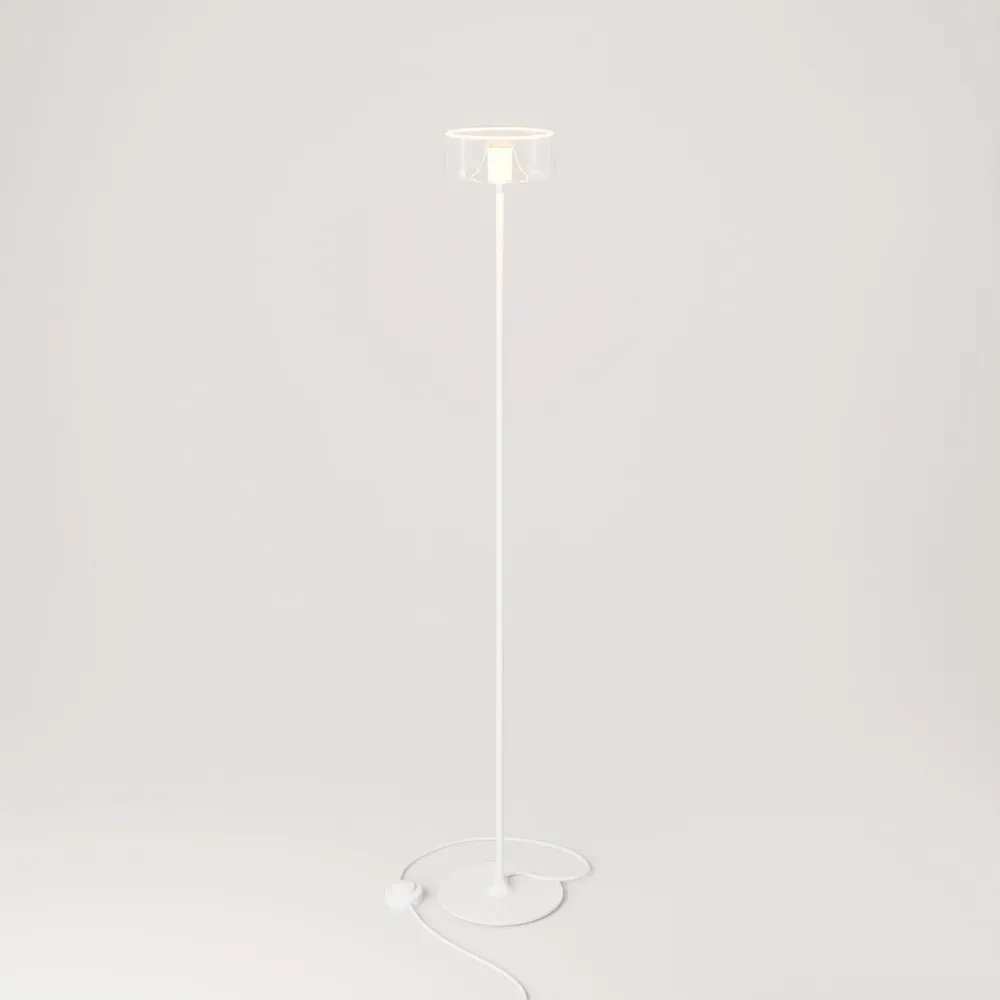 Lâmpada de pé MAG-Y com base metálica redonda e lâmpada Ghost transparente - Branco mate