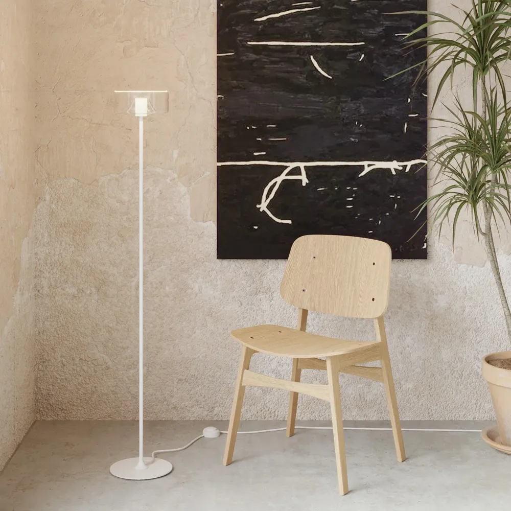 Lâmpada de pé MAG-Y com base metálica redonda e lâmpada Ghost transparente - Branco mate