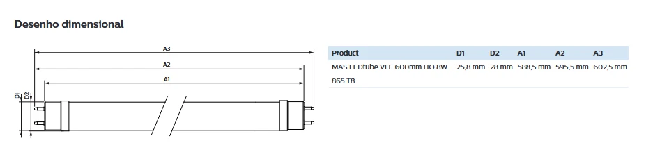 Lâmpada master ledtube ho 600mm (T8) 1050Lm 8W /865 philips - 6500k