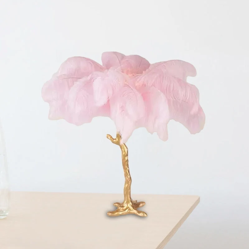 Lâmpada de Mesa Folha de Palmeira - Lâmpada Moderna Artística em Rosa e Dourado