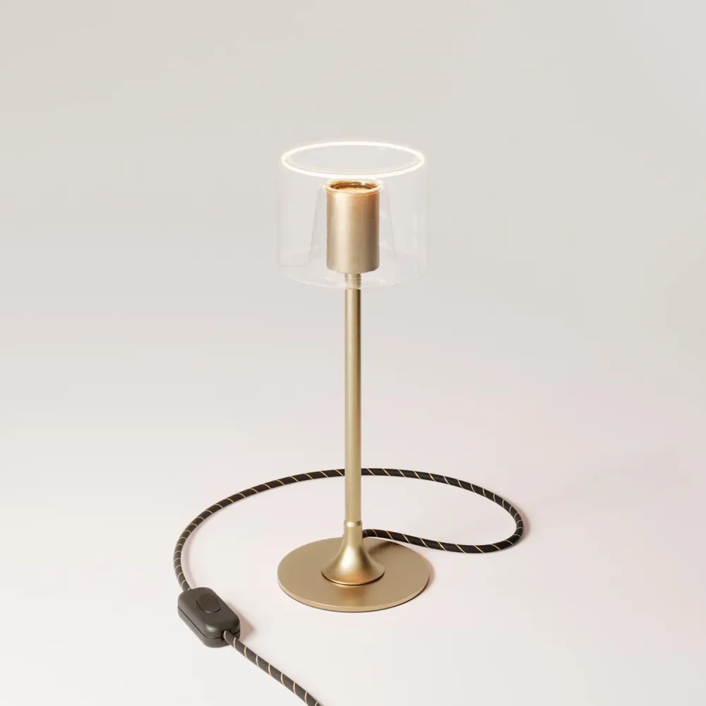 Lâmpada de mesa MAG-Y com base metálica redonda e lâmpada Ghost transparente - Bronze acetinado