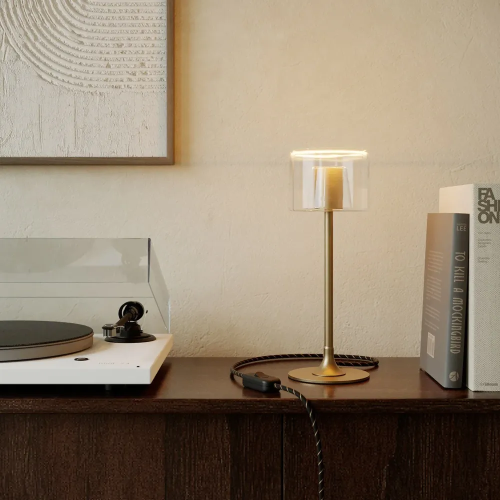 Lâmpada de mesa MAG-Y com base metálica redonda e lâmpada Ghost transparente - Bronze acetinado