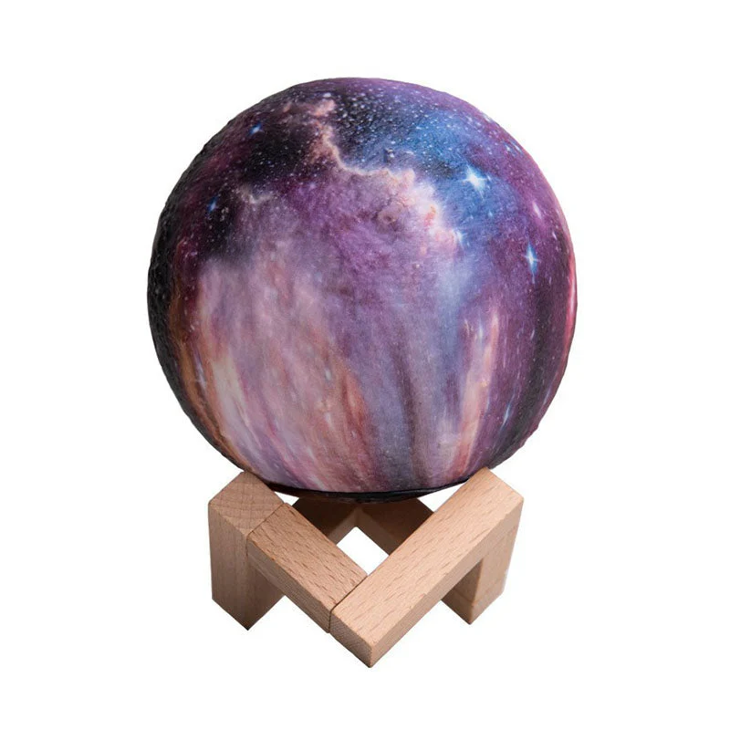 Lâmpada Noturna Esférica Roxa Galaxy - Candeeiro de Mesa LED com Base em Madeira para Crianças