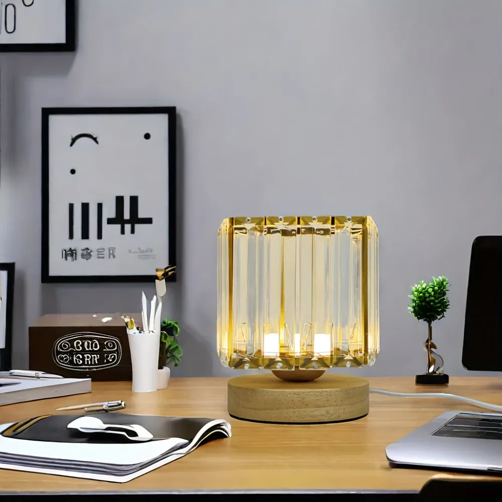 LumiCrystal - Candeeiro de Mesa em Cristal de Vidro, Fonte de Luz LED, Alimentado por USB, Ideal