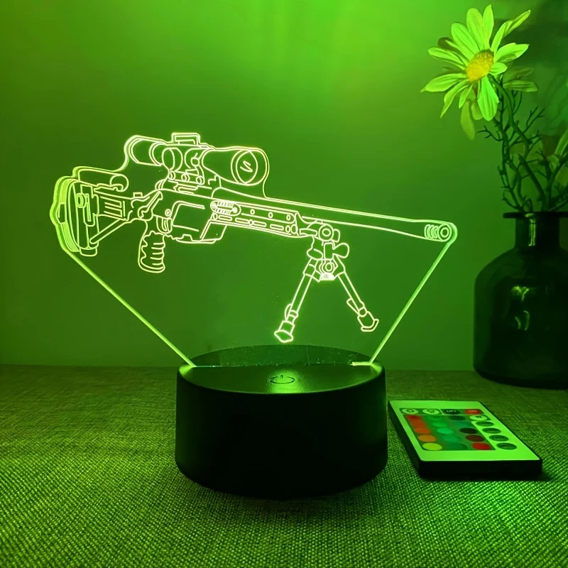 LumiGlow - Candeeiro Noturno LED 3D em Forma de Pistola Preta, 16 Cores com Comando à Distância, USB