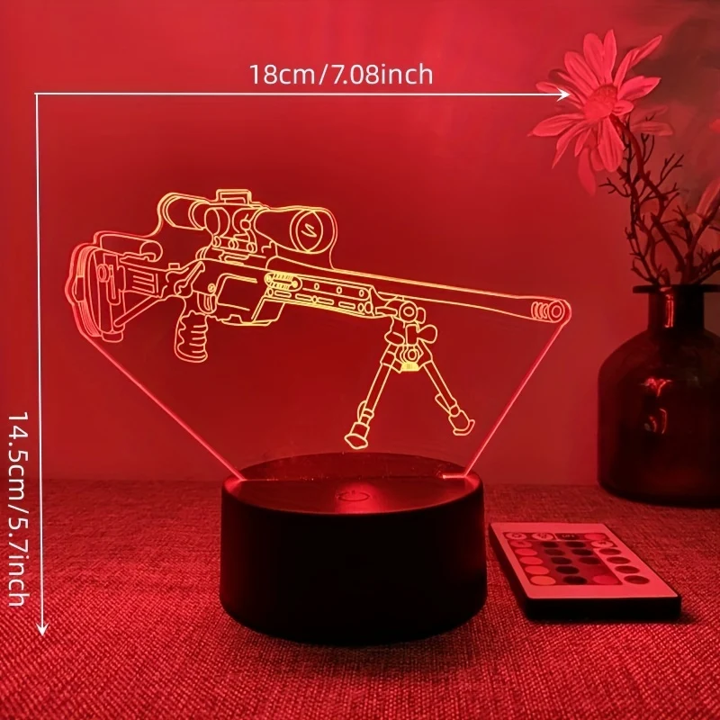 LumiGlow - Candeeiro Noturno LED 3D em Forma de Pistola Preta, 16 Cores com Comando à Distância, USB