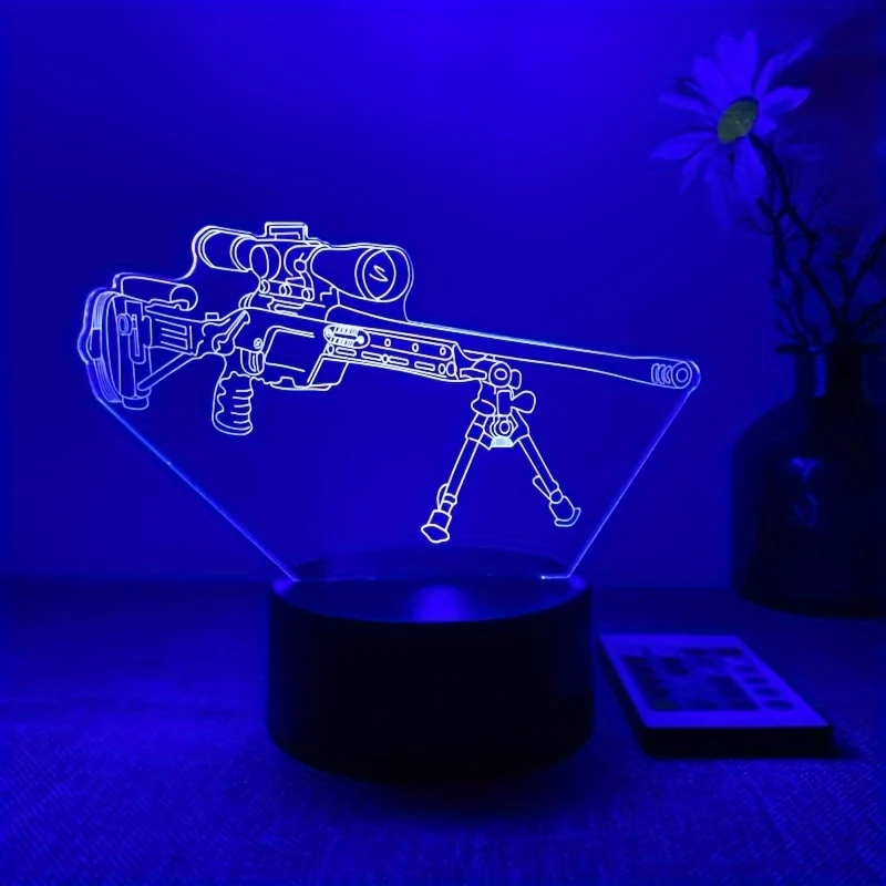 LumiGlow - Candeeiro Noturno LED 3D em Forma de Pistola Preta, 16 Cores com Comando à Distância, USB