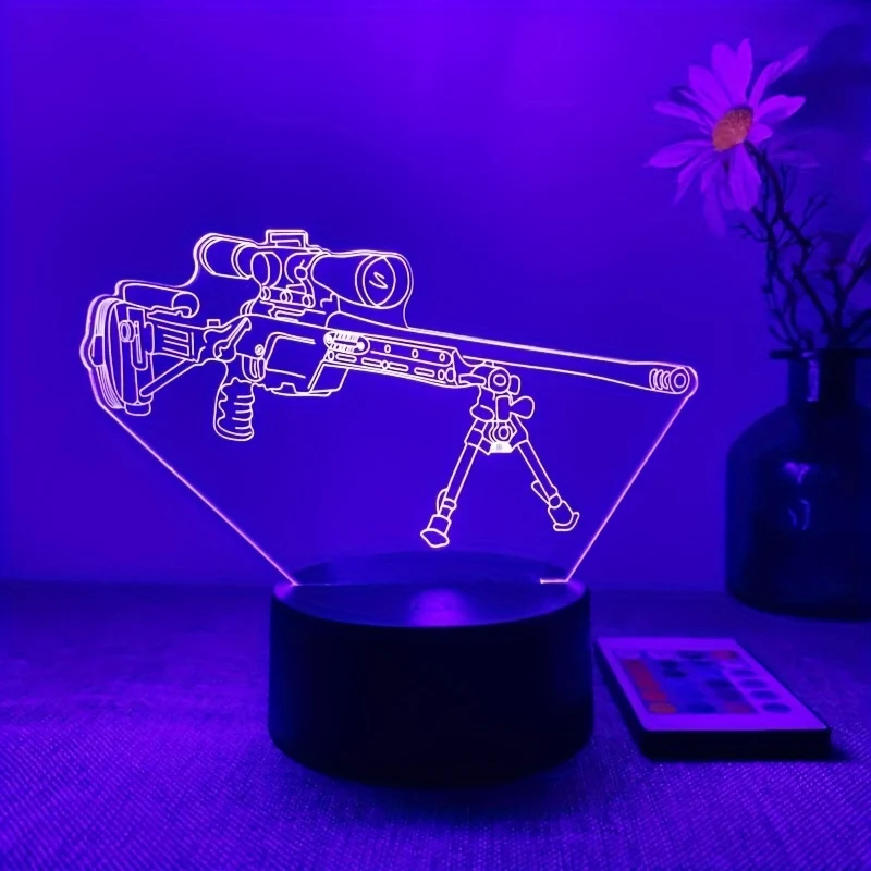 LumiGlow - Candeeiro Noturno LED 3D em Forma de Pistola Preta, 16 Cores com Comando à Distância, USB