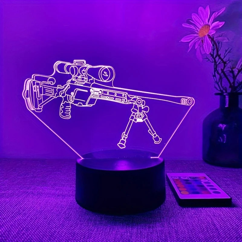 LumiGlow - Candeeiro Noturno LED 3D em Forma de Pistola Preta, 16 Cores com Comando à Distância, USB