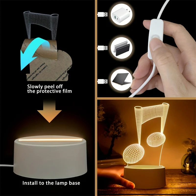 LumiNote - Lâmpada Noturna Acrílica em Forma de Nota Musical, Moldura 3D com LED, Alimentada por USB