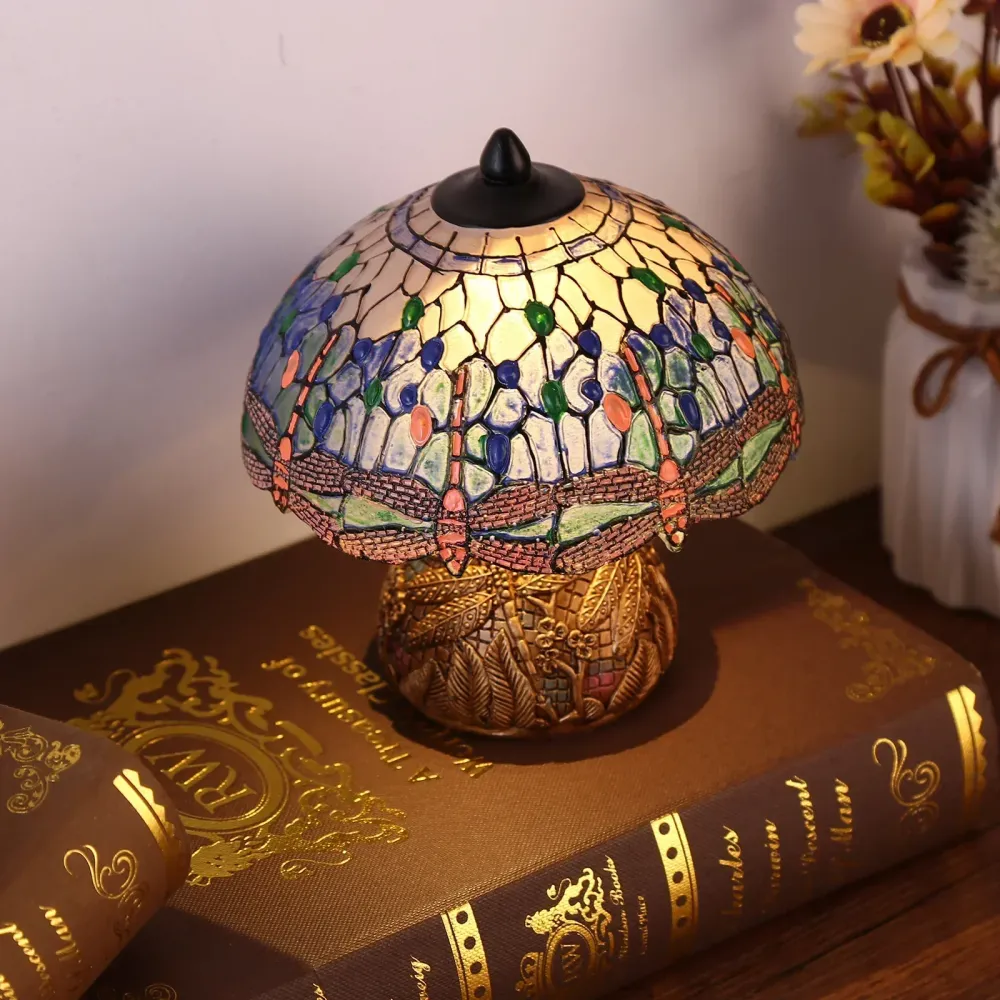 LuxeGlow - Candeeiro de Mesa Vintage com Motivo de Libélulas e Design Arte Nova