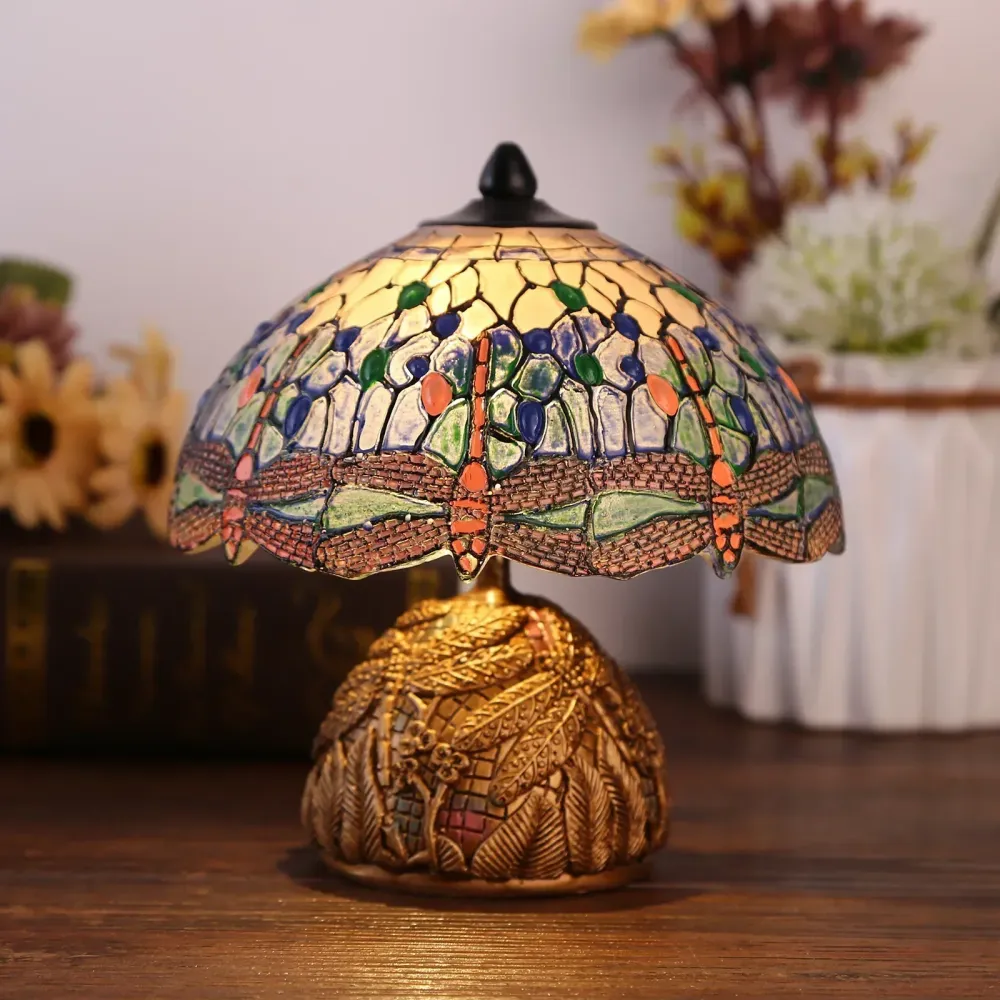 LuxeGlow - Candeeiro de Mesa Vintage com Motivo de Libélulas e Design Arte Nova