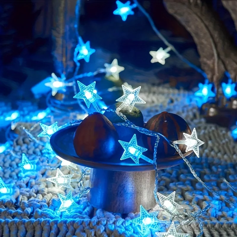 LuxeGlow - Cordão de Luzes LED com Estrelas Azuis e Brancas Pilhas, Perfeito