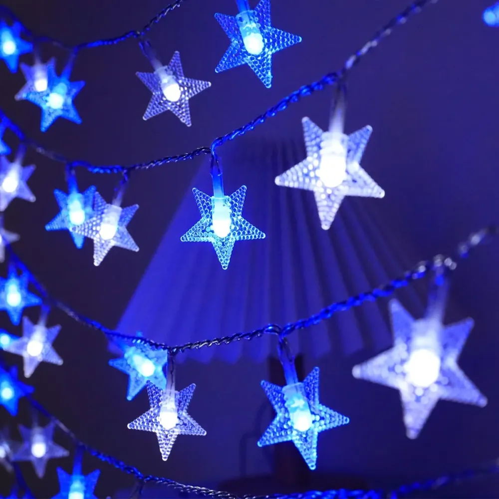 LuxeGlow - Cordão de Luzes LED com Estrelas Azuis e Brancas Pilhas, Perfeito