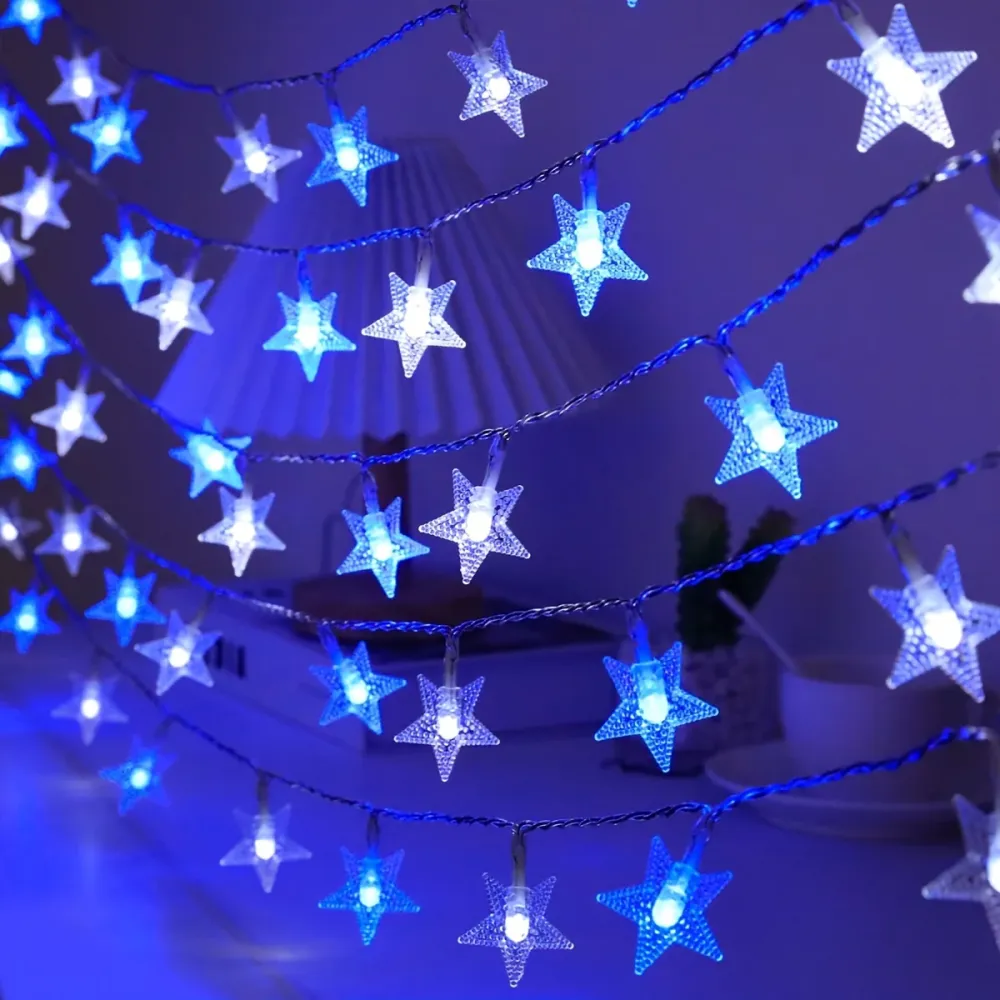 LuxeGlow - Cordão de Luzes LED com Estrelas Azuis e Brancas Pilhas, Perfeito