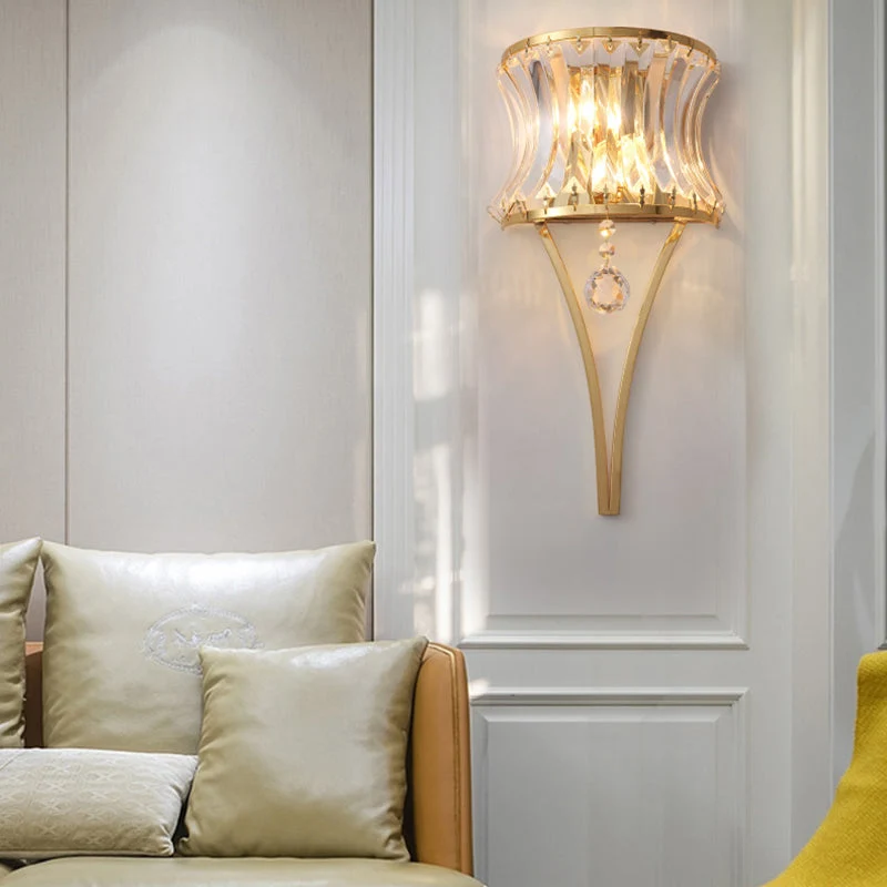 Luz de Parede Vintage em Forma de Tambor - Lâmpada de Parede Dourada com Prisma de Cristal Transparente