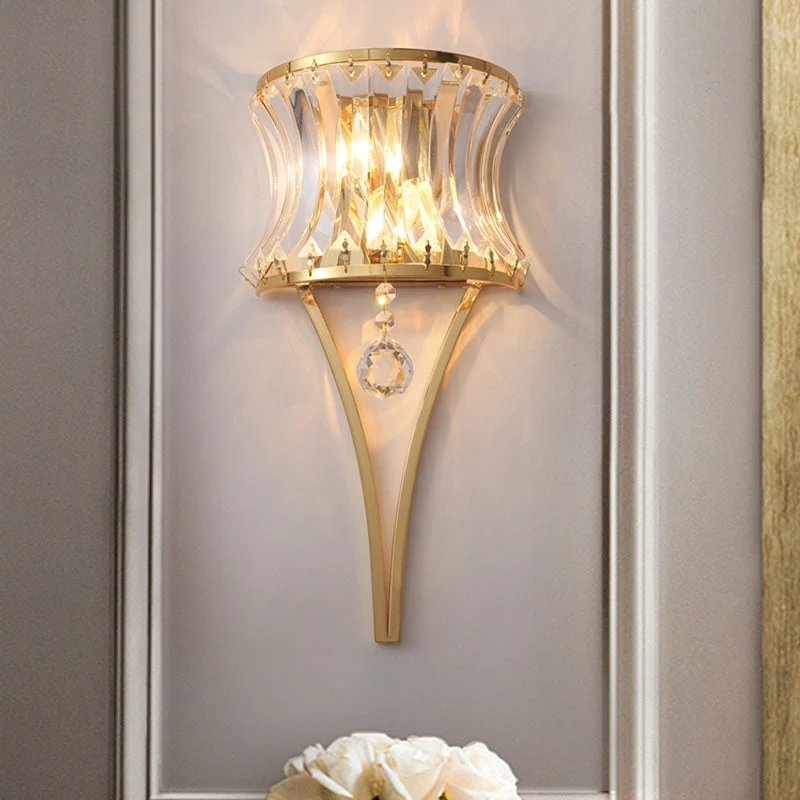 Luz de Parede Vintage em Forma de Tambor - Lâmpada de Parede Dourada com Prisma de Cristal Transparente