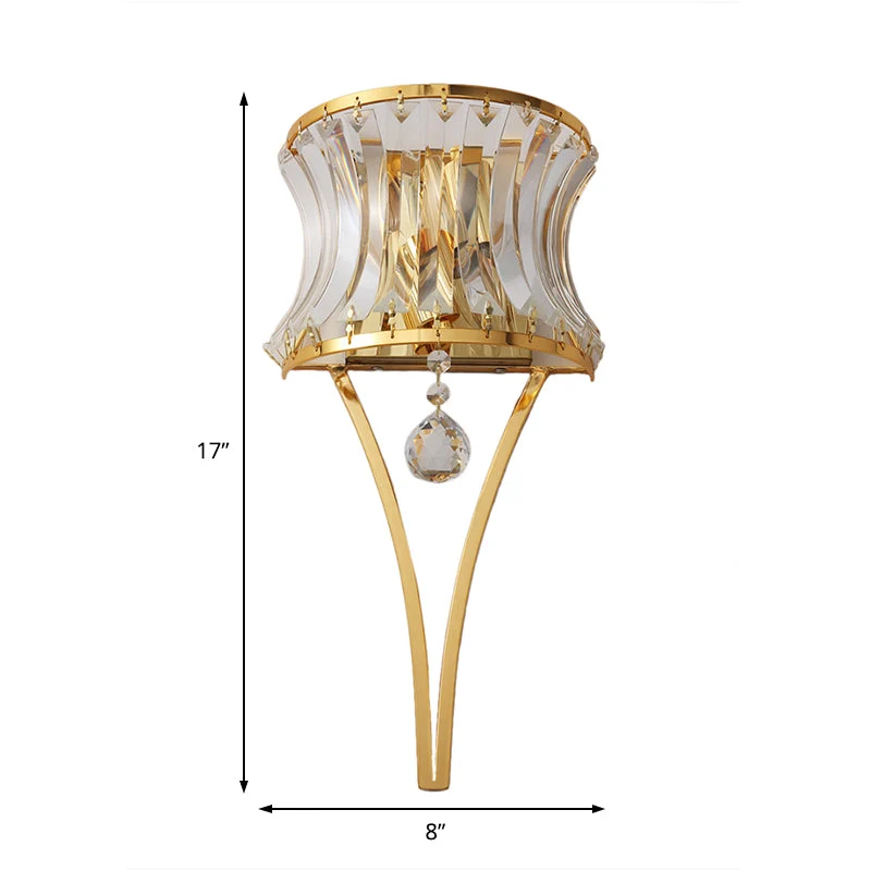 Luz de Parede Vintage em Forma de Tambor - Lâmpada de Parede Dourada com Prisma de Cristal Transparente