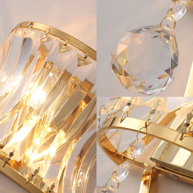 Luz de Parede Vintage em Forma de Tambor - Lâmpada de Parede Dourada com Prisma de Cristal Transparente