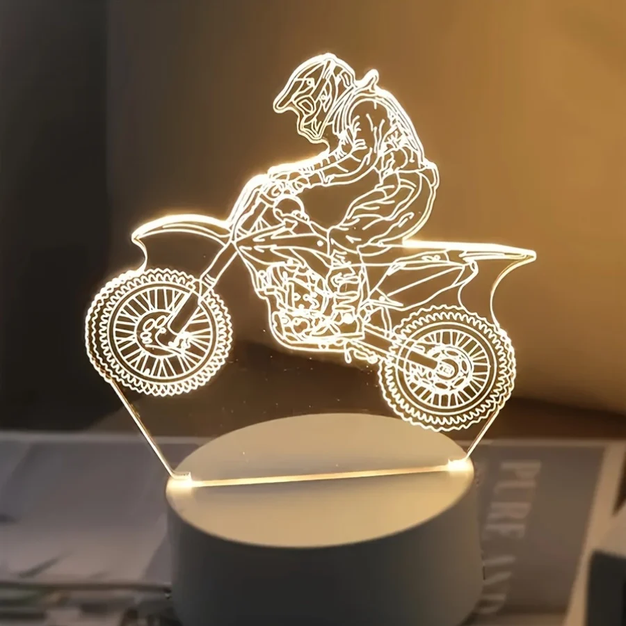 MotoLamp - Candeeiro Noturno LED 3D Tema Motocross, Iluminação Ambiente Alimentada por USB
