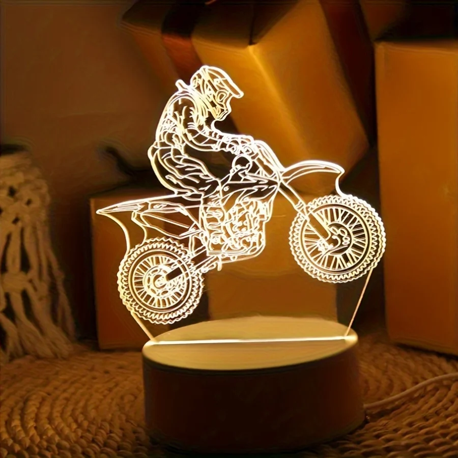 MotoLamp - Candeeiro Noturno LED 3D Tema Motocross, Iluminação Ambiente Alimentada por USB