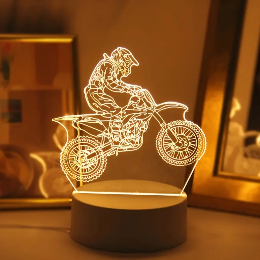 MotoLamp - Candeeiro Noturno LED 3D Tema Motocross, Iluminação Ambiente Alimentada por USB