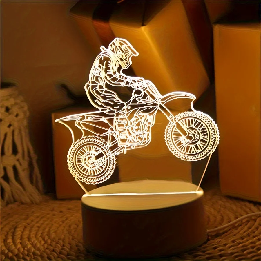 MotoLamp - Candeeiro Noturno LED 3D Tema Motocross, Iluminação Ambiente Alimentada por USB
