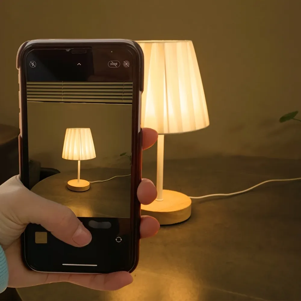 NordicLicht - Candeeiro de Mesa Moderno em Madeira Maciç com Abajur de Linho e USB
