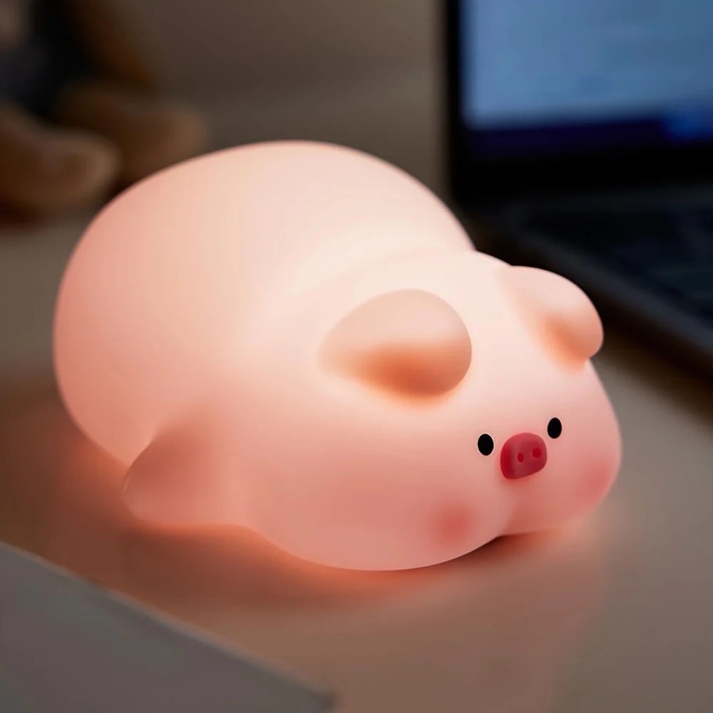 PiggyGlow - Lâmpada Noturna LED Porquinho Cor-de-Rosa Querido, Recarregável e Com Controlo Tátil