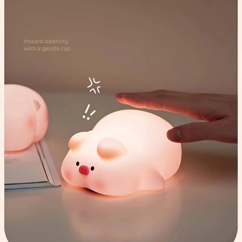 PiggyGlow - Lâmpada Noturna LED Porquinho Cor-de-Rosa Querido, Recarregável e Com Controlo Tátil