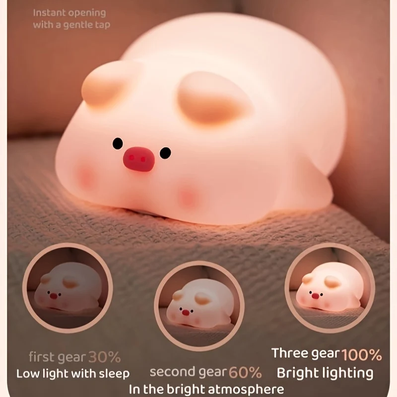 PiggyGlow - Lâmpada Noturna LED Porquinho Cor-de-Rosa Querido, Recarregável e Com Controlo Tátil