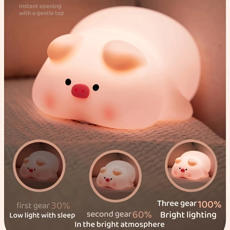 PiggyGlow - Lâmpada Noturna LED Porquinho Cor-de-Rosa Querido, Recarregável e Com Controlo Tátil