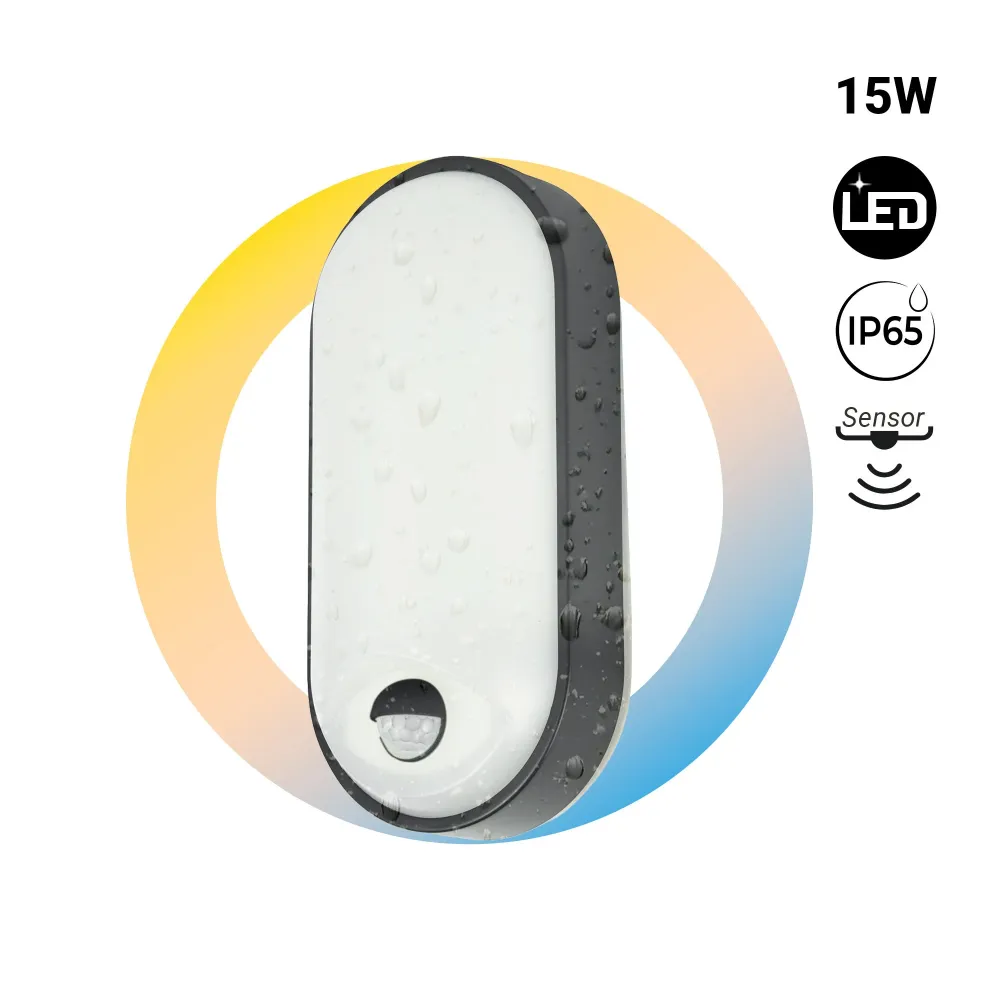 Plafon LED exterior ovalado com sensor PIR - 15W - CCT - IP65