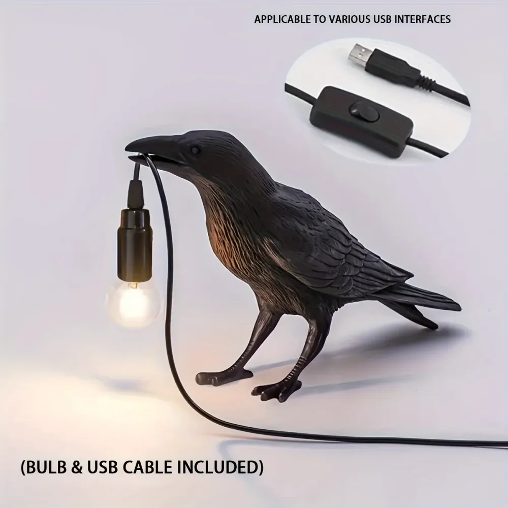 RavenLicht - Candeeiro de Mesa Corvo Negro, Alimentado por USB, Candeeiro de Resina para Sala de Estar e Quarto